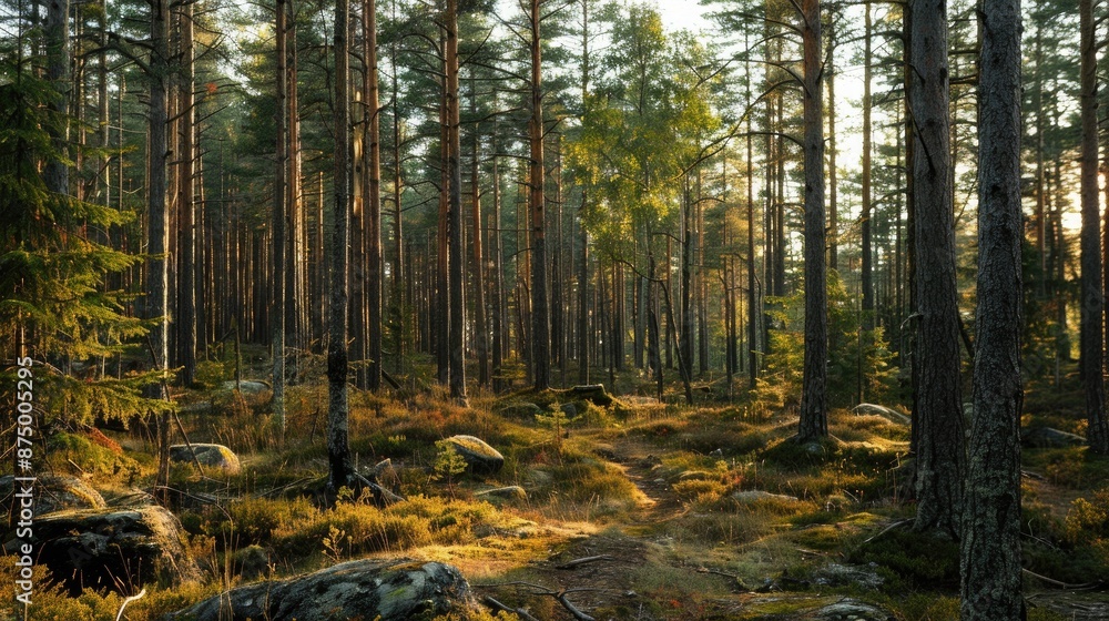 Poster background image of sunlight filtering through a dense green forest, highlighting the tranquility an