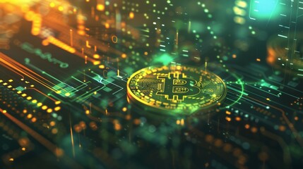 Golden Bitcoin blockchain technology isometric concept suitable for future technology banner or or cover. Isometric vector illustration, illustration, design, drawing, postcard