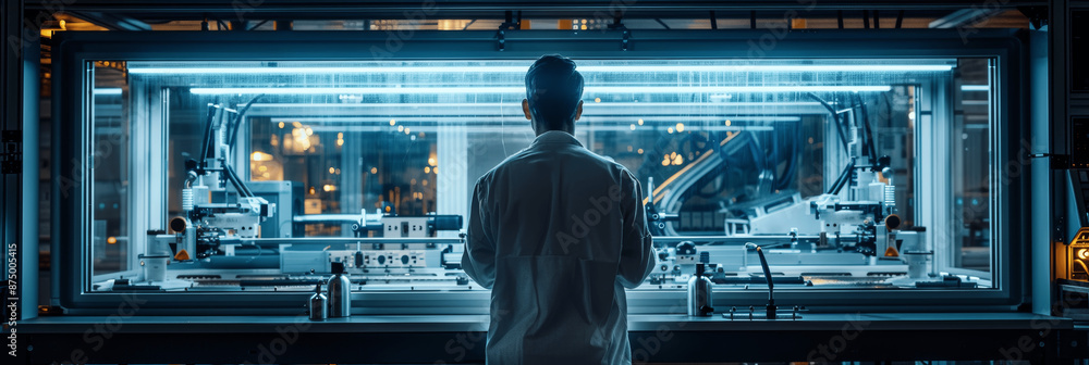 Poster engineer operating injection molding machine in industrial setting with gauges controls and blue lig