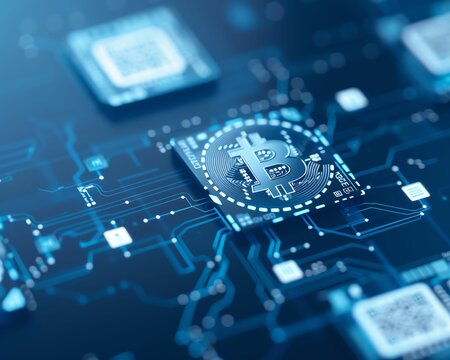 Close-up of a glowing Bitcoin symbol on a circuit board, representing digital currency and technology.