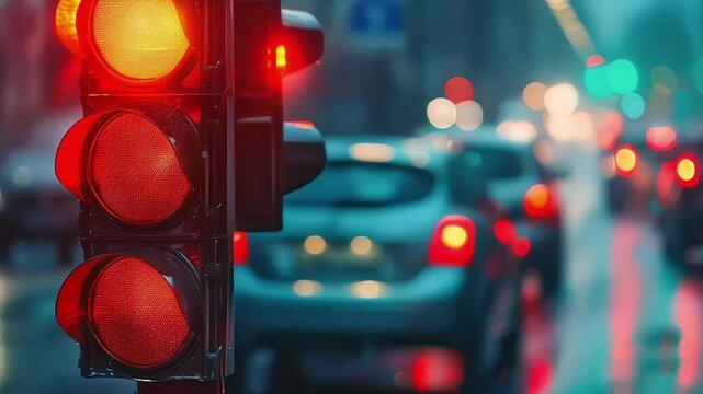A city crossing with a semaphore. Red light in semaphore