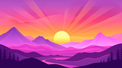 Stunning sunrise backdrop with mountain silhouettes.