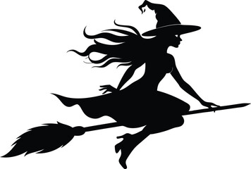 Fototapeta premium Halloween witch broomstick Vector illustration, Silhouette of a witch flying broomstick isolated on white background. 