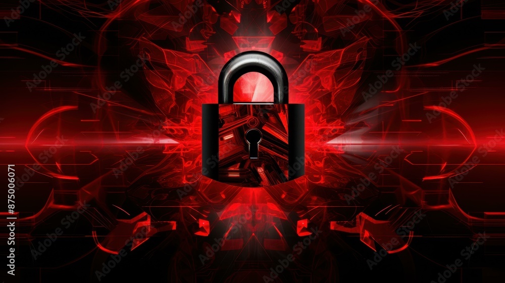 Poster secure your online presence with a red digital padlock on cyber surface.