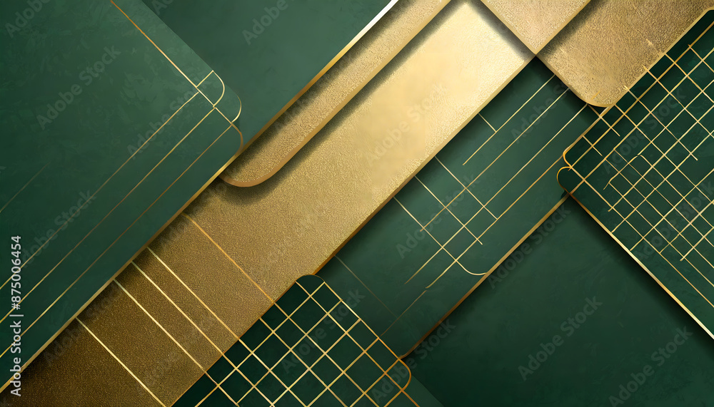 Poster dark green abstract background with gold lines and shadow. geometric shape overlap layers. generativ