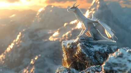 Obraz premium Majestic Dragon Perched Atop Snowy Mountain at Dazzling Sunset Scenery