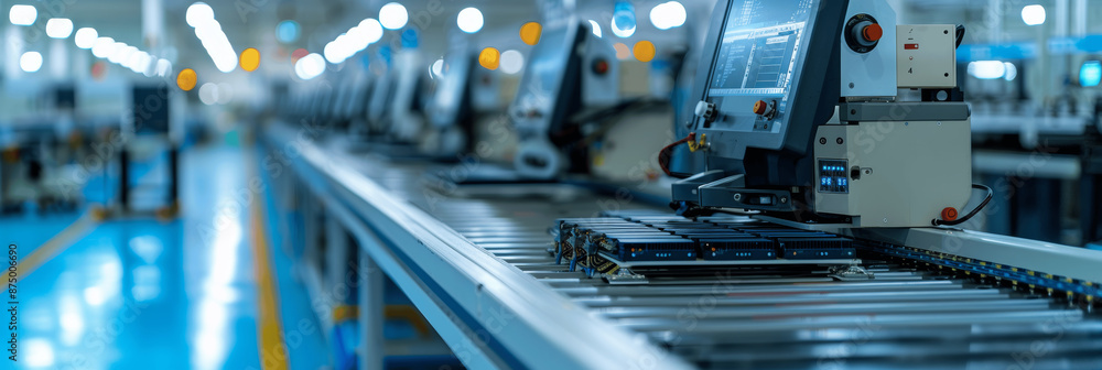 Poster modern electronics assembly line with pcb soldering stations, circuit board testers, and robotic aut
