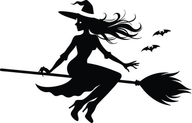 Halloween witch broomstick Vector illustration, Silhouette of a witch flying broomstick isolated on white background.
