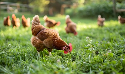 Fototapeta premium Brown Hens Foraging in Grass on a Free Range Chicken Farm, Generative AI