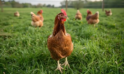 Fototapeta premium Brown Hens Foraging in Grass on a Free Range Chicken Farm, Generative AI
