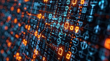 Obraz premium Abstract digital background with virtual currency symbols and blockchain network connections