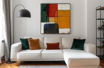 Minimalist Scandinavian Living Room with White Sofa, Abstract Painting, Green Velvet Pillow, Black Floor Lamp, and Wooden Furniture