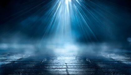 Fototapeta premium Dark street, wet asphalt, reflections of rays in the water. Abstract dark blue background. Generative AI.