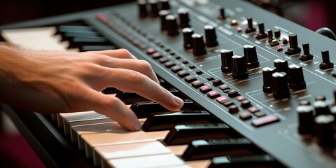 Obraz premium Close-up of Hand Playing a Synthesizer Keyboard