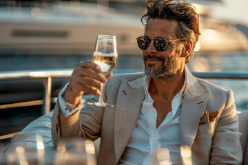 Prominent businessman toasting with champagne on a luxury yacht..