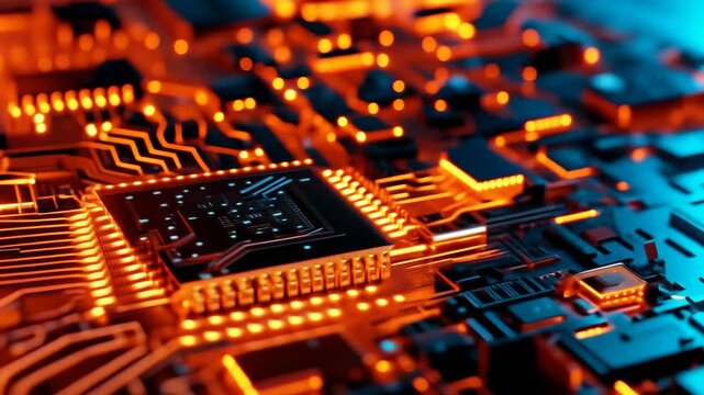 Close-up of a glowing microchip on a circuit board with blue and orange lights
