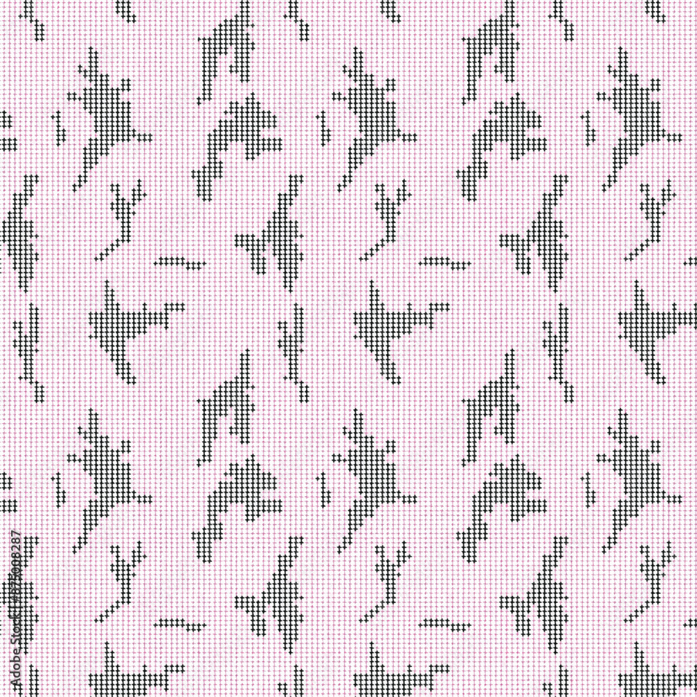 Poster repeating pattern of abstract gray shapes on a light pink background with textured pixelated appeara