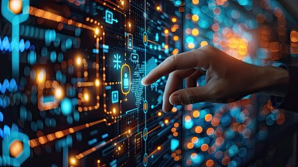 Close-up of a businessman's hand touching a digital screen with fintech icons and symbols