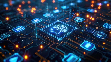 Concept of artificial intelligence in finance: abstract digital background with AI algorithms and machine learning icons