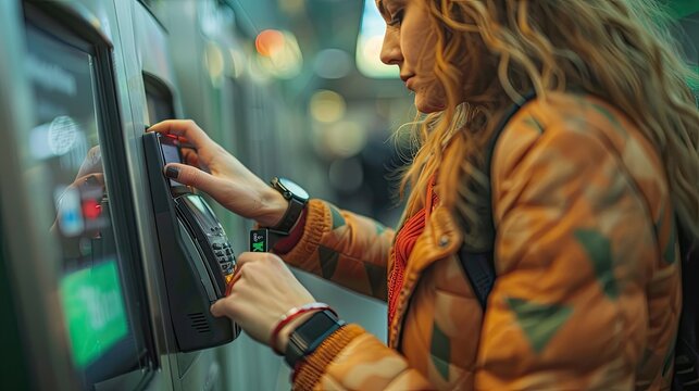 Close-up of a woman making contactless payment with smartwatch at a digital payment terminal