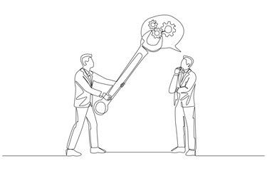 Obraz premium Continuous one line drawing of businessman fixing cogwheels in thought bubble of his employee, mentorship to improve thinking process at work, single line art.