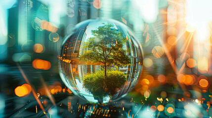 Conducting business and investing with a focus on sustainability, emphasizing the ecosystem within the organization and company, represented as a double exposure image