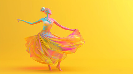  Abstract silhouette girl in a dress on yellow background