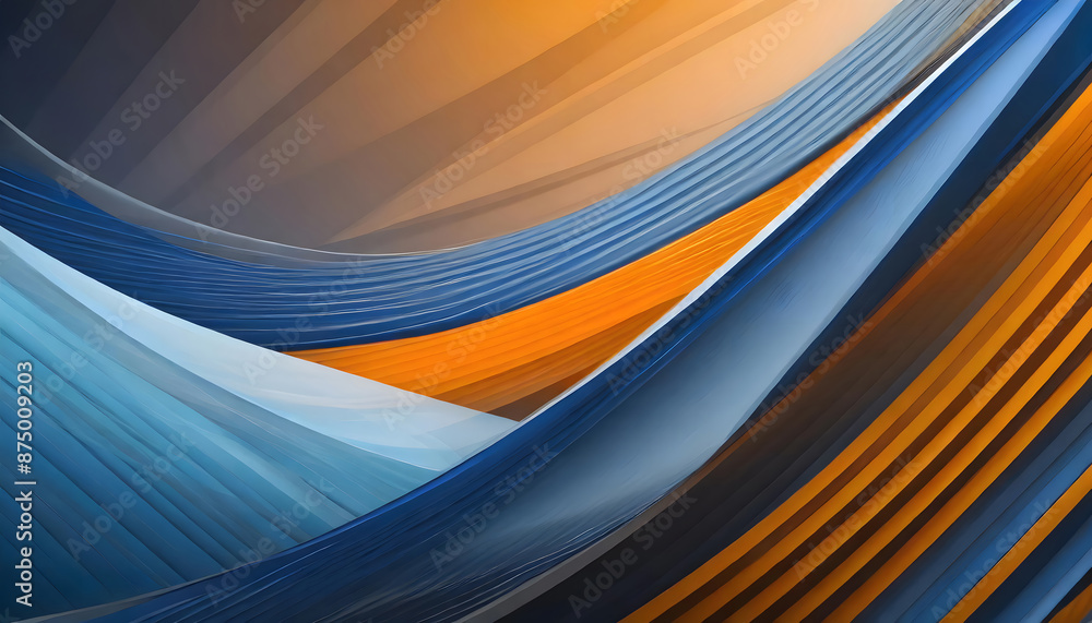 Poster dynamic blue shapes composition with orange lines. background. generative ai.