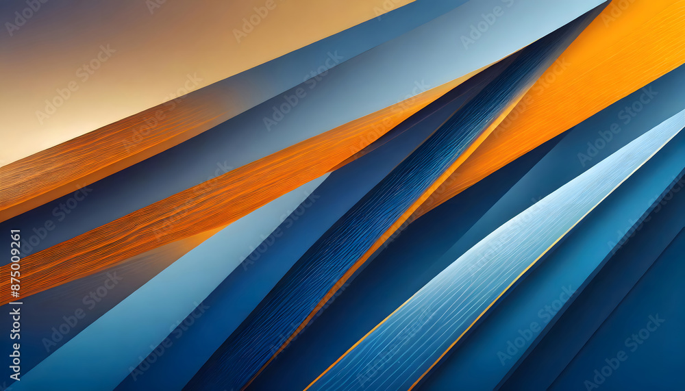 Poster dynamic blue shapes composition with orange lines. background. generative ai.
