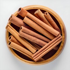 Cinnamon sticks in a wooden bowl on white background, top view, flat lay