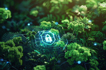 Cybersecurity and environmental conservation concept, featuring a hologram of a padlock icon at the center, with a background of nature and ecosystems