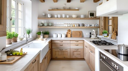 Fototapeta premium European cottage style kitchen with distressed wood cabinets, a butler sink, and vintage crockery, copy space for text, sharp focus and clear light, high clarity no grunge, splash, dust, noise