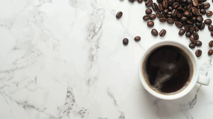 Aromatic Cup of coffee with cofee beans on Light marble  background with copy space	