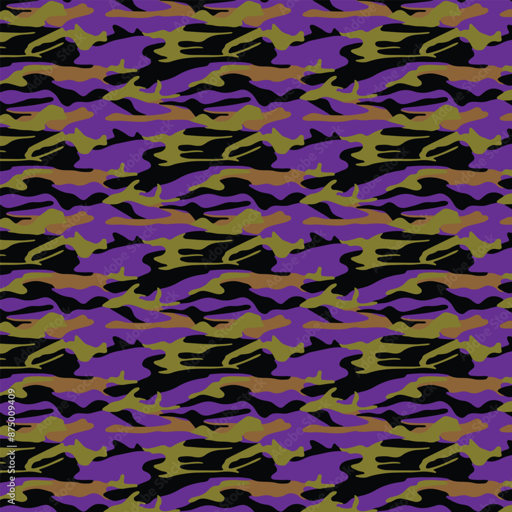Poster a repeating pattern of purple black and gold camouflage design in a horizontal orientation style ima