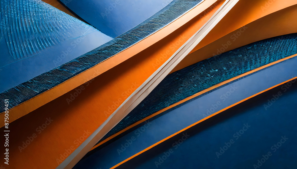 Poster dynamic blue shapes composition with orange lines. background. generative ai.