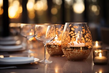 Elegant dinner table setting with decorative glasses and warm candlelight during sunset.