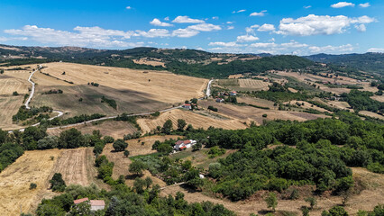 Summer aerial view of Alta Irpinia's rural landscape (Avellino province) , Italy. Valle d'Ansanto district
