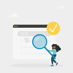 SEO optimization. An analyst who works with website data, analyzes search queries and selects keywords. Vector illustration
