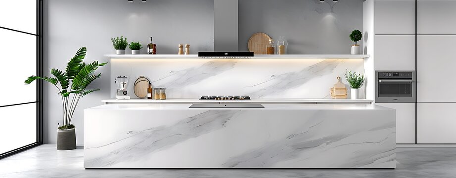 European style kitchen design with a sophisticated ambiance, marble countertops, and open shelving, copy space for text, sharp focus and clear light, high clarity no grunge, splash, dust, noise