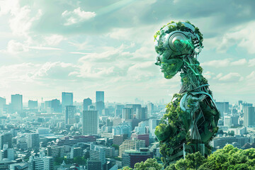 Fototapeta premium Ecosystems and green energy are integrated with robotic and AI technologies in companies and organizations