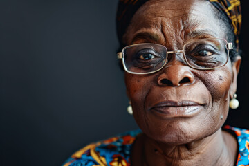 Close-up portrait of elderly woman of African descent, studio photo, against a sleek gray studio backdrop