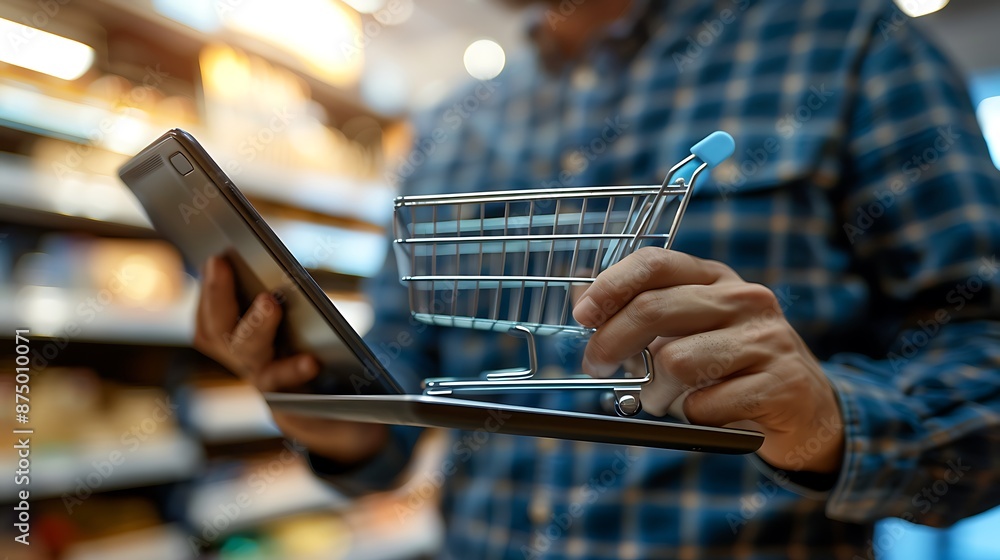Poster conceptual image of a person holding a shopping cart and using a tablet in a supermarket