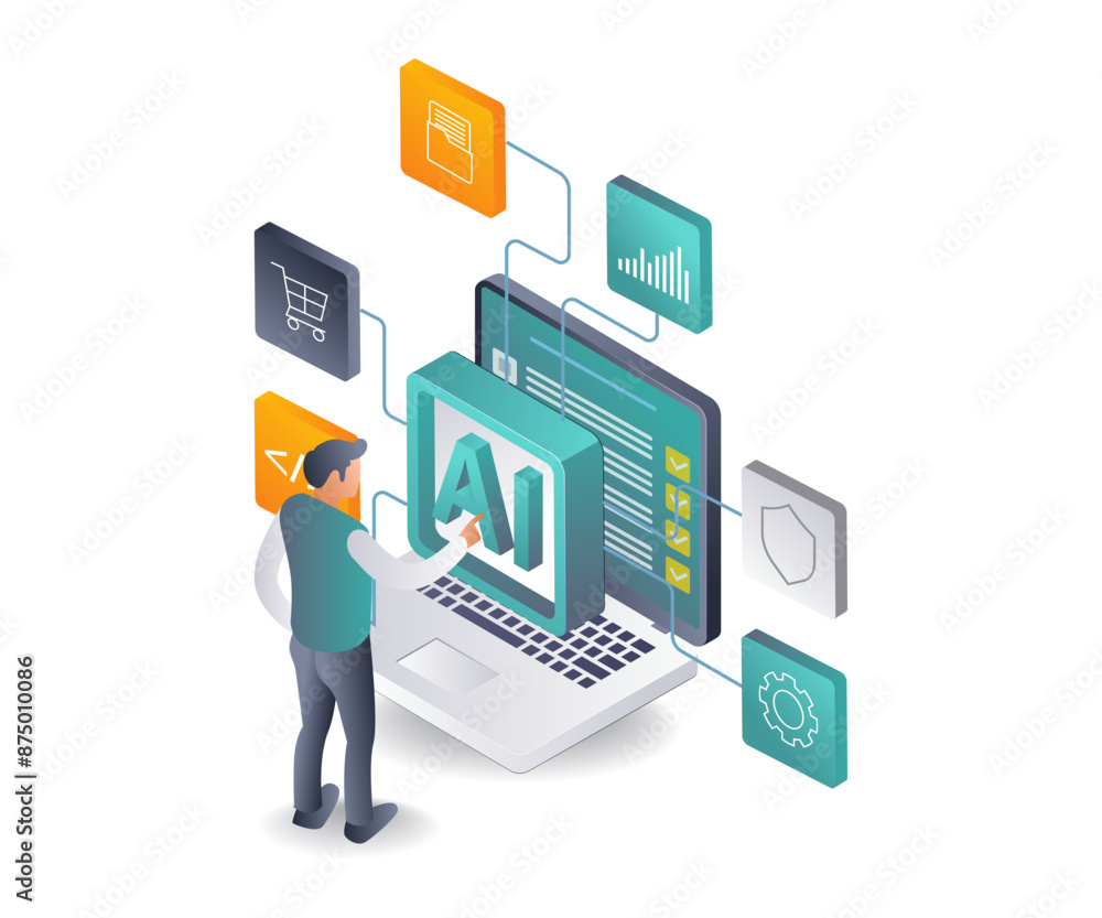 Poster Exploring AI Computer Applications isometric illustration