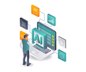 Exploring AI Computer Applications isometric illustration