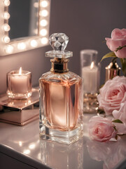 A beautifully designed perfume bottle on a vanity table with a mirror, jewelry, and soft lighting creating a romantic atmosphere.