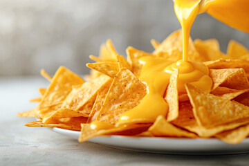 nice snack with tortillas or nachos with a  floating spicy hot and cheesy cheese sauce