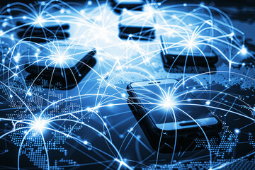 Obraz premium Global connectivity of information and communication is made quick and easy through the network system via mobile phones and smartphones