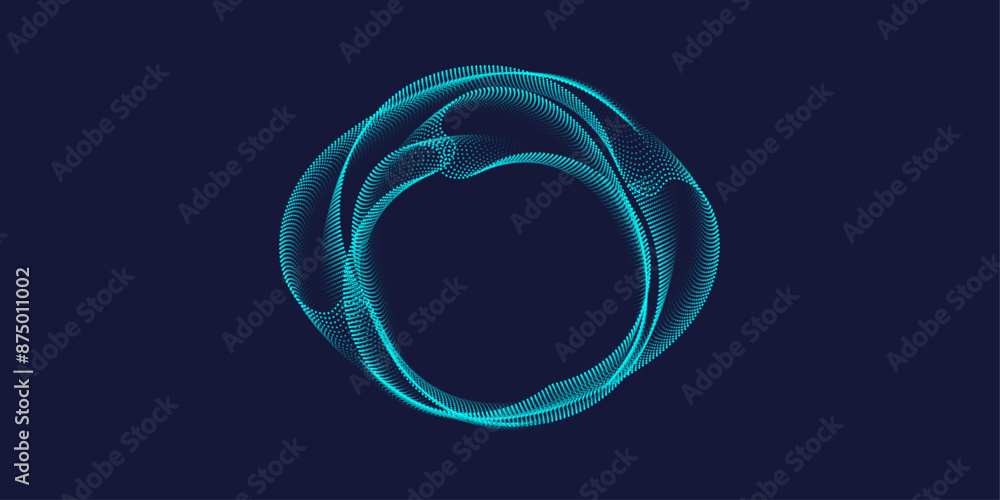 Fototapete flowing dots particles wave pattern in a circle frame. wavy rounded lines pattern flowing in blue gr