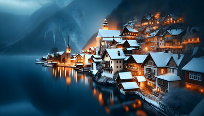 Enchanting Winter Wonderland: A Picturesque Village by the Lake Under Snowy Twilight