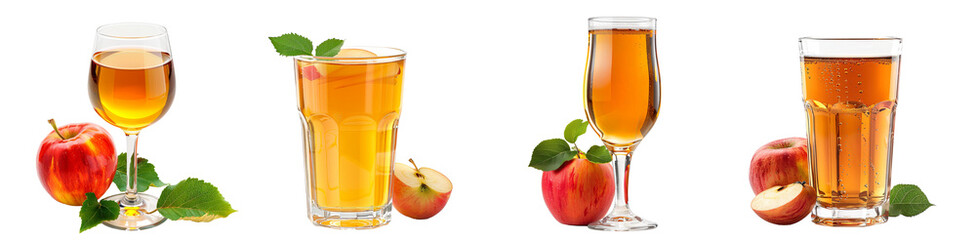 Fototapeta premium Apple cider drinks in various glasses refreshing fruit beverages transparent background